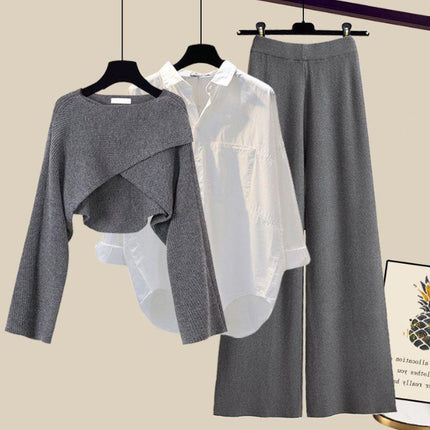 3pcs Knitted Sweater Suit With Shirt And Wide Leg Pants Autumn And Winter Suit Women