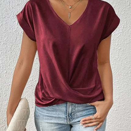 Fashion V-neck Short-sleeve T-shirt Summer Casual Irregular Knot Top For Women Clothing