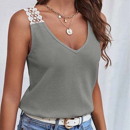 Waffle V-Neck Vest Sleeveless Lace Tank Shirt Tops Summer