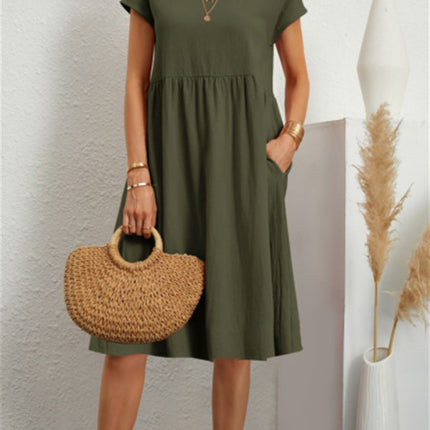 Summer Short-sleeved Dress With Pockets Fashion Solid Round Neck A-line Dresses For Women Clothing