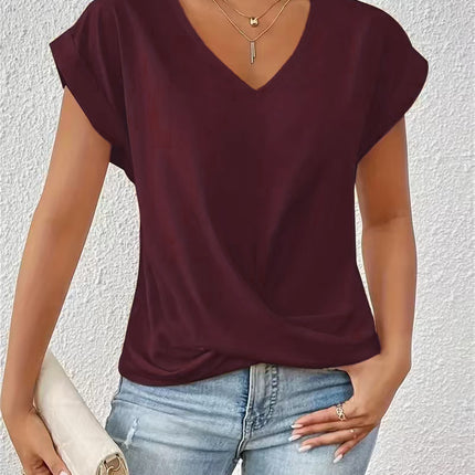 Fashion V-neck Short-sleeve T-shirt Summer Casual Irregular Knot Top For Women Clothing