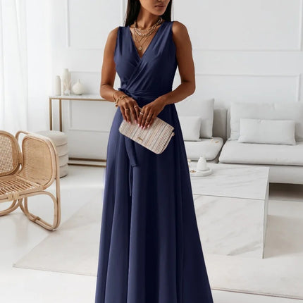 V-neck Sleeveless Dress With Belt Summer Fashion Party Club Evening Maxi Dresses For Women Clothing
