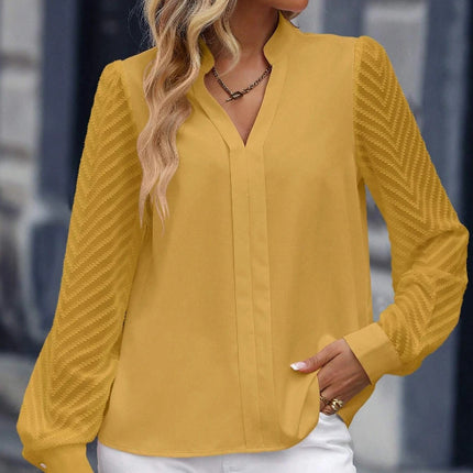 V-neck Long-sleeved Chiffon Shirt Lace Stitching Solid Color Tops Women Clothing