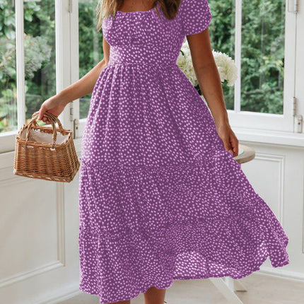 Square Collar Short Sleeve Dress Summer Puff Floral Printed Dress Long Dresses