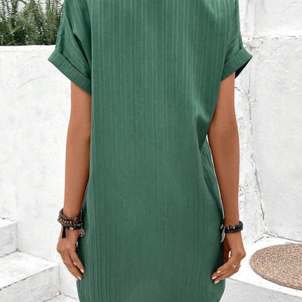 Fashion V-neck Short-sleeved Dress Casual Solid Strip Button Dresses Womens Clothing