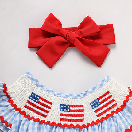 Baby Girls Independence Day Outfit 4th Of July American Flag Embroidery Smocked Bubble Romper With Headband