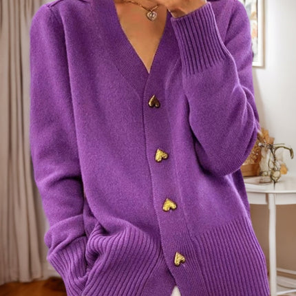V-neck Knitted Sweater With Love Button Fashion Solid Long-sleeved Cardigan Spring And Autumn Women's Clothing