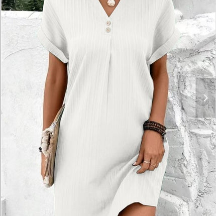 Fashion V-neck Short-sleeved Dress Casual Solid Strip Button Dresses Womens Clothing