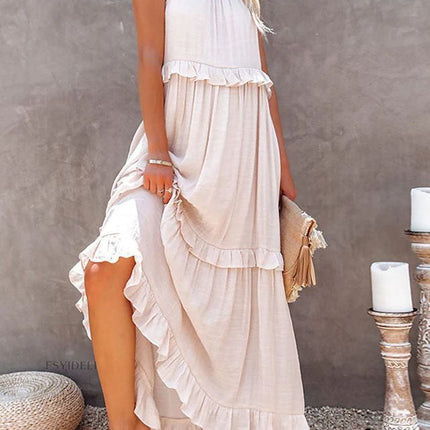 Summer Vacation Style Halter Neck Long Dresses Women Fashion Backless Leace-up Loose Ruffles Beach Dress Elegant Ladies Vestidos