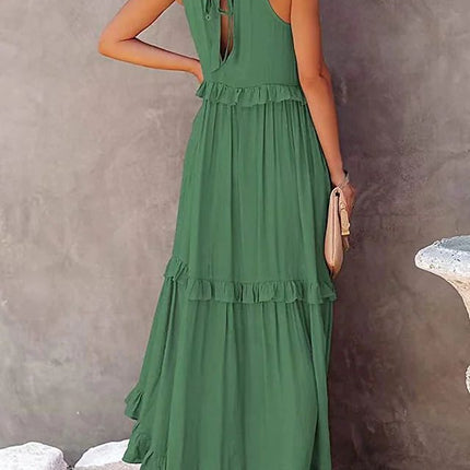 Summer Vacation Style Halter Neck Long Dresses Women Fashion Backless Leace-up Loose Ruffles Beach Dress Elegant Ladies Vestidos