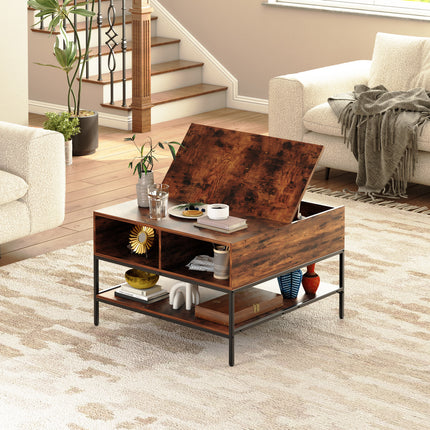 Farmhouse Flip Top Coffee Table With Storage Rustic Wood Grain Table, Hidden Storage Compartment For Living Room, Sturdy Metal Frame Easy To Assemble & Clean