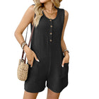 Women's Summer Jumpsuit Round Neck Casual Sleeveless Solid Color Short Jumpsuit With Pockets Women Turtle Neck Holiday Beach Shorts