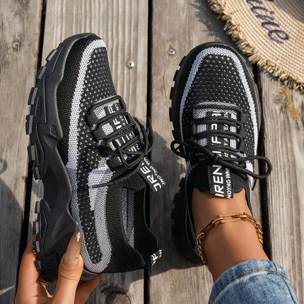 Flyknit Mesh Shoes Women's Breathable Lace-up Sneakers Walking Running Casual Shoes