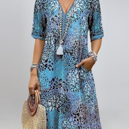 Summer V-neck Half-sleeved Dress With Pockets Fashion Ethnic Print Dresses Beach Holiday Clothing For Women