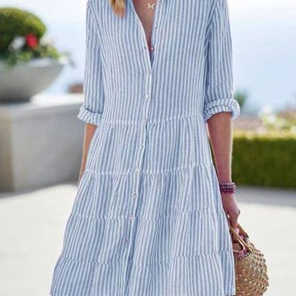 Ins Striped Long-sleeved Shirt Dress Fashion Lapel Button Dresses For Women
