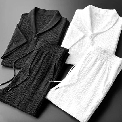 Leisure Suit Summer Loose Short Sleeve Top And Drawstring Trousers Fashion Mens Clothing