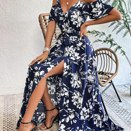 Ins Off-Shoulder Split Dress Summer Floral Print Suspender Long Dresses With Belt Design Women's Beach Clothing