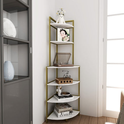 6-Tier Corner Open Shelf Modern Bookcase Wood Rack Freestanding Shelving Unit,Plant Album Trinket Sturdy Stand Small Bookshelf Space-Saving For Living Room Home Office Kitchen Small Space
