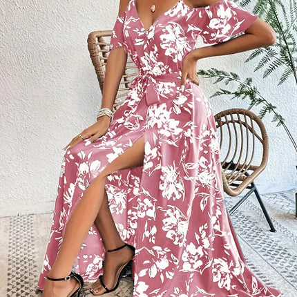 Ins Off-Shoulder Split Dress Summer Floral Print Suspender Long Dresses With Belt Design Women's Beach Clothing