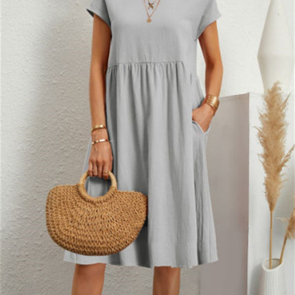 Summer Short-sleeved Dress With Pockets Fashion Solid Round Neck A-line Dresses For Women Clothing