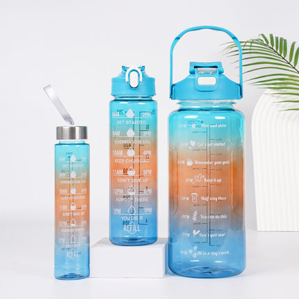 3-in-1 Gradient Color Motivational Water Bottles Set Plastic Straw Double Drink Translucent Outdoor Sports Bottle