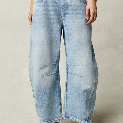 High Stretch Mid-Rise Barrel Jeans Fashion Wide Leg Shape Women Casual Baggy Mid Waist Denim Jeans