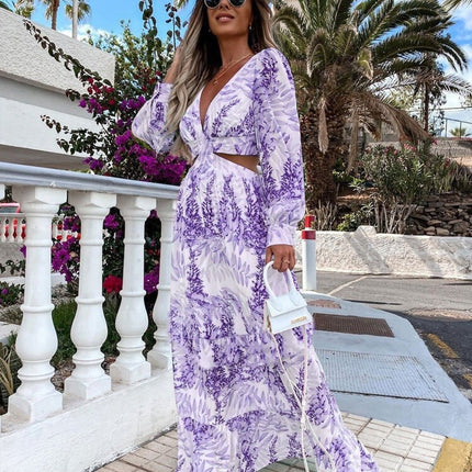 Elegant Women's Hollow Floor V-neck Long-sleeved Plant Dress Long Dresses Spring Summer Print V-neck Long Sleeve Dress