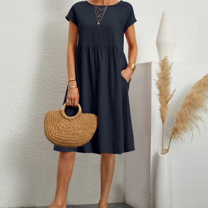 Summer Short-sleeved Dress With Pockets Fashion Solid Round Neck A-line Dresses For Women Clothing