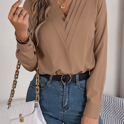 Fashion V-Neck Long Sleeve Shirt Elegant Commuter Solid Blouse Office Women's Clothing