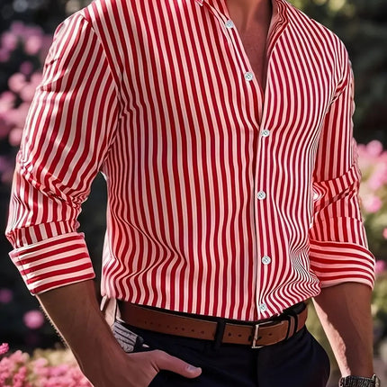 Ins Stripe Printed Long Sleeve Shirt Men Fashion Casual Lapel Button Top Clothing