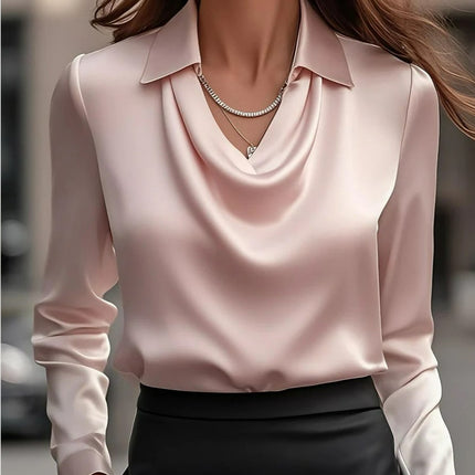Women's Swing Collar Draped Shirts & Blouses Elegant Solid Satin Office Ladies Top Pullover Spring Long Sleeve Casual Tops