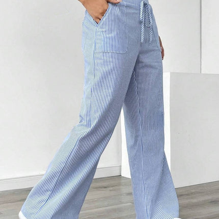 New Striped Trousers With Pockets Casual Versatile Loose Wide Leg Pants Women's Clothing