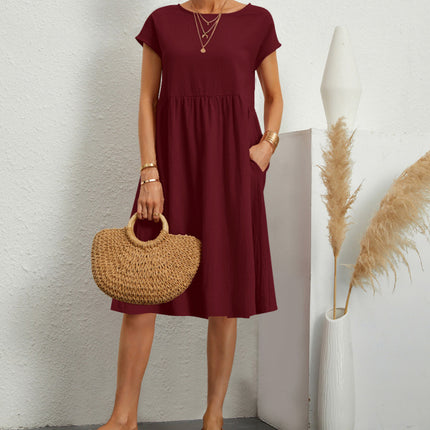Summer Short-sleeved Dress With Pockets Fashion Solid Round Neck A-line Dresses For Women Clothing