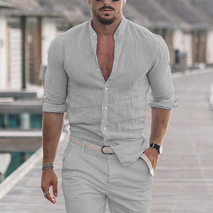 Men's Long Sleeve Shirt With Button Casual Solid Color Tops For Spring Autumn