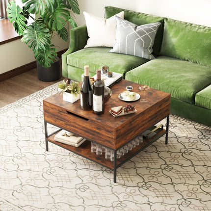 Farmhouse Flip Top Coffee Table With Storage Rustic Wood Grain Table, Hidden Storage Compartment For Living Room, Sturdy Metal Frame Easy To Assemble & Clean