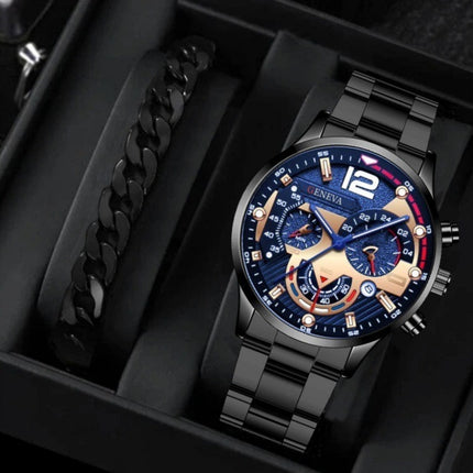 2pcs Men's New Popular Steel Strip Fashion Business Three Eye Quartz Watch Bracelet Set Valentine's Day Gifts