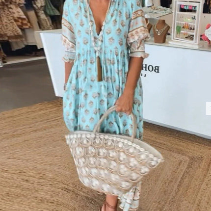 Summer Bohemian Print Lantern-Sleeved Dress Fashion Loose V-Neck Ruffle Long Dress Beach Clothing For Women