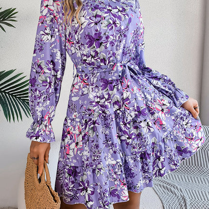 Standing Collar Floral Print Waist-controlled Long Sleeves Ruffled A-line Dresses For Women Spring Autumn Ruffle Edge Long Dress