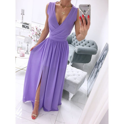 Women's Summer Sleeveless And Ankle Skirt Solid Color V-neck Front Split Long Dress