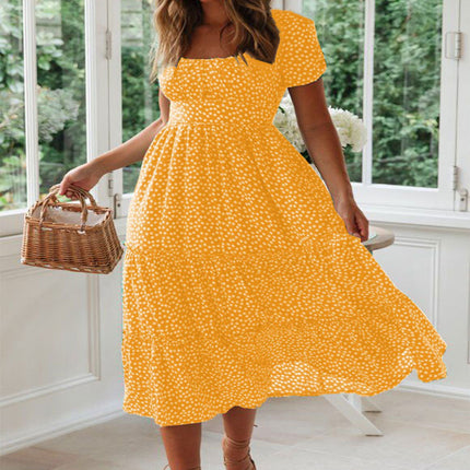 Square Collar Short Sleeve Dress Summer Puff Floral Printed Dress Long Dresses