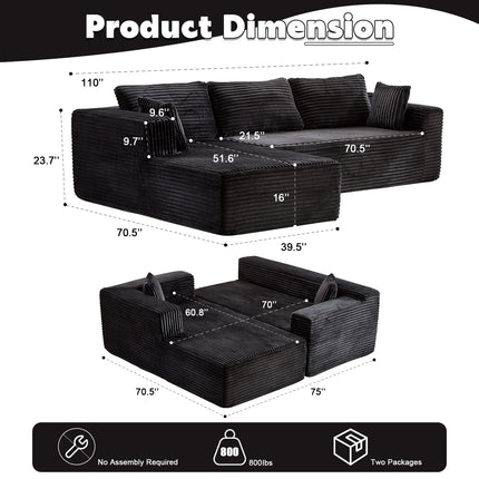 Compression Sectional Couch With Comfy Chaise, Boneless L Shape Sofa With Deep Seat, Minimalist Modular Couches Sleeper For Living Room Bedroom Apartment Lounge,corduroy,Black