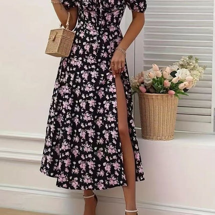 Floral Print Short Sleeve Split Dress Summer Fashion Lace-up Beach Long Dresses Women's Clothing