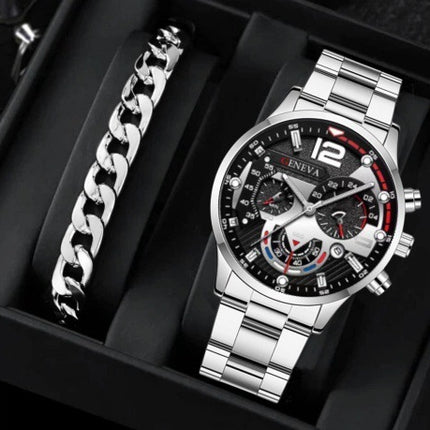 2pcs Men's New Popular Steel Strip Fashion Business Three Eye Quartz Watch Bracelet Set Valentine's Day Gifts