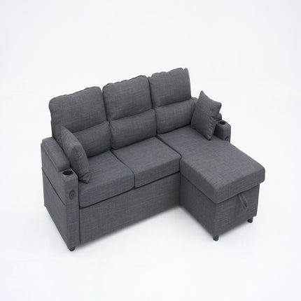 Convertible Sleeper Sofa 2 In 1, L-Shaped Couches For Living Room, Pull Out Sectional Futon Sofa Bed With Storage Space, USB Ports And Cup Holders For Bedroom