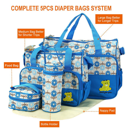 5PCS Per Set Baby Nappy Diaper Bags Set Mummy Diaper Shoulder Bags WithNappy Changing Pad Insulated Pockets Travel Tote Bags For Mom Dad