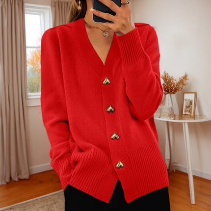 V-neck Knitted Sweater With Love Button Fashion Solid Long-sleeved Cardigan Spring And Autumn Women's Clothing