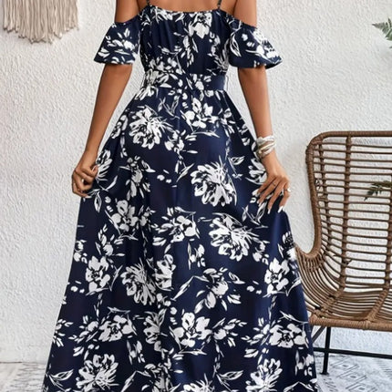 Flower Print Split Suspender Dress With Lace-up Design Summer Fashion Long Dresses Beach Clothing For Women