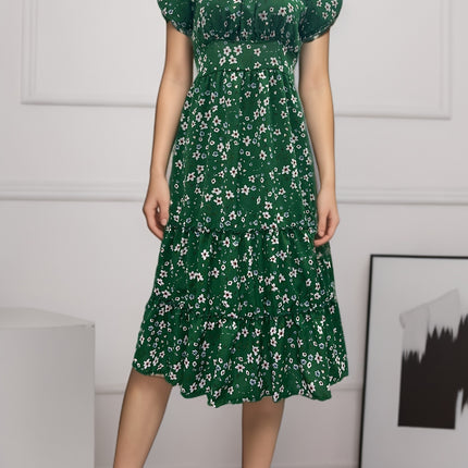 Square Collar Short Sleeve Dress Summer Puff Floral Printed Dress Long Dresses