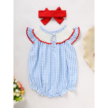 Baby Girls Independence Day Outfit 4th Of July American Flag Embroidery Smocked Bubble Romper With Headband