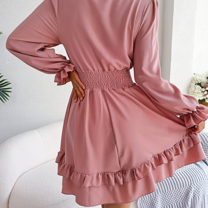 Summer Dresses Solid Color V-neck Long Sleeve Dress For Women Sexy V-neck Lace Up A-line Dress Women's Beach Dress